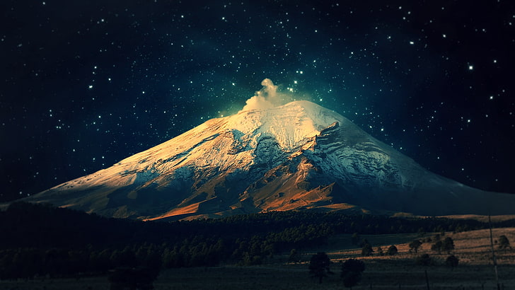 white and brown volcano, night, mountains, stars, Mount Fuji