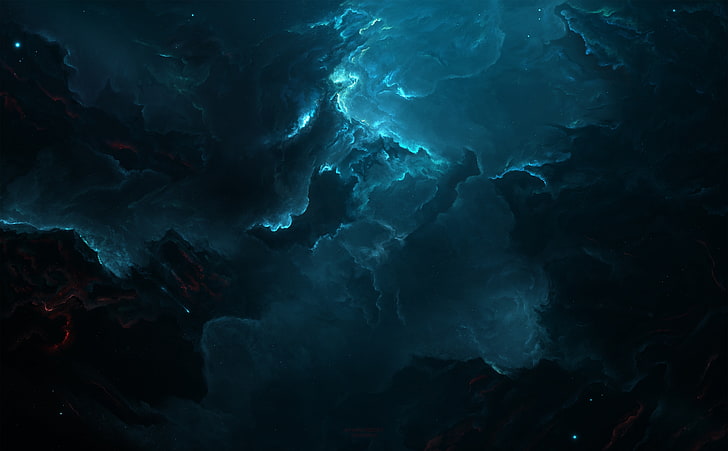 Atlantis Nebula 7, green and black cloud graphic art, Space, Blue
