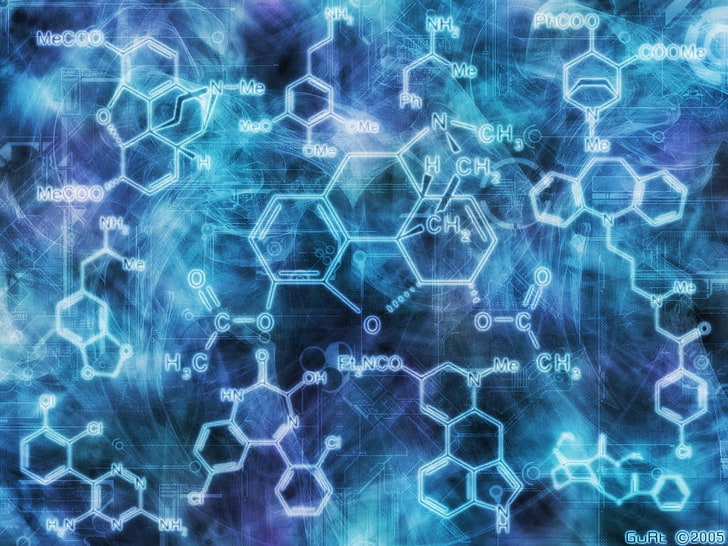 blue and teal molecules wallpaper, chemistry, science, pattern, HD wallpaper