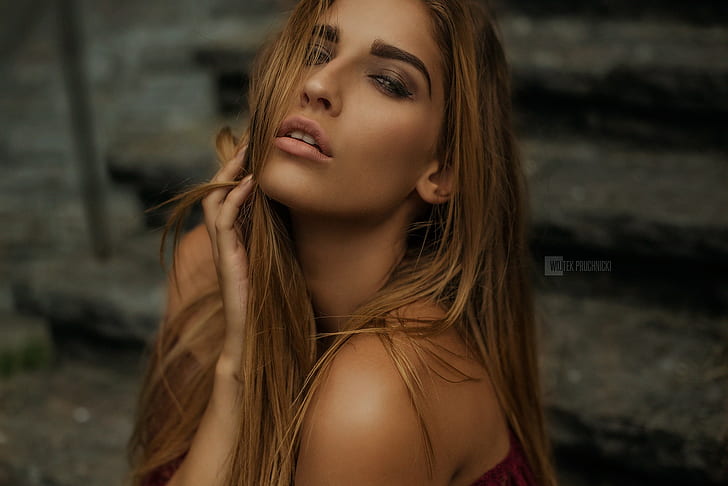 open mouth, Isabell Schuck, model, sensual gaze, portrait, bare shoulders, HD wallpaper