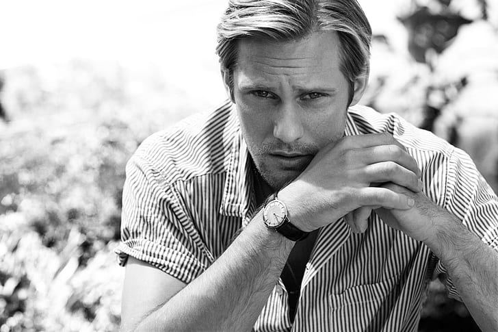 HD wallpaper: alexander skarsgard, actor, face, hair, watch, bw, grayscale  photo of man in black and white stripe dress shirt with black leather strap  round analog watch | Wallpaper Flare
