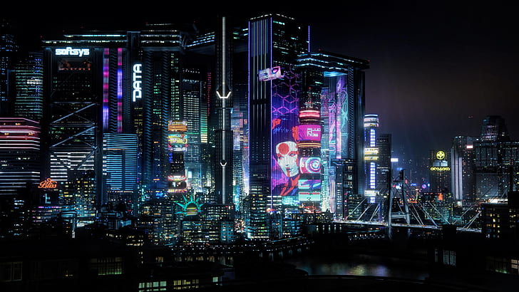 Download Purple Neon Night City 1440p Cyberpunk 2077 Background  Wallpapers com