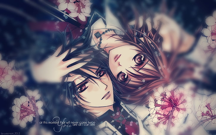 male and female anime illustration, Vampire Knight, text, flowers, HD wallpaper
