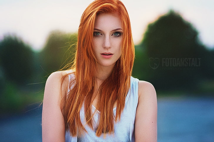 women, face, portrait, redhead, green eyes, looking at viewer