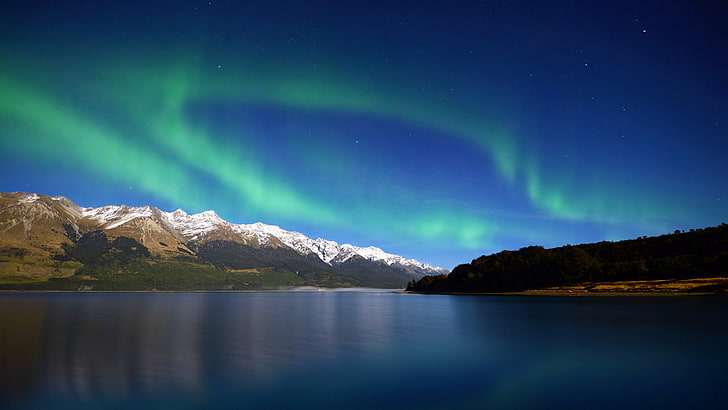 northern lights and body of water, landscape, mountains, blue, HD wallpaper
