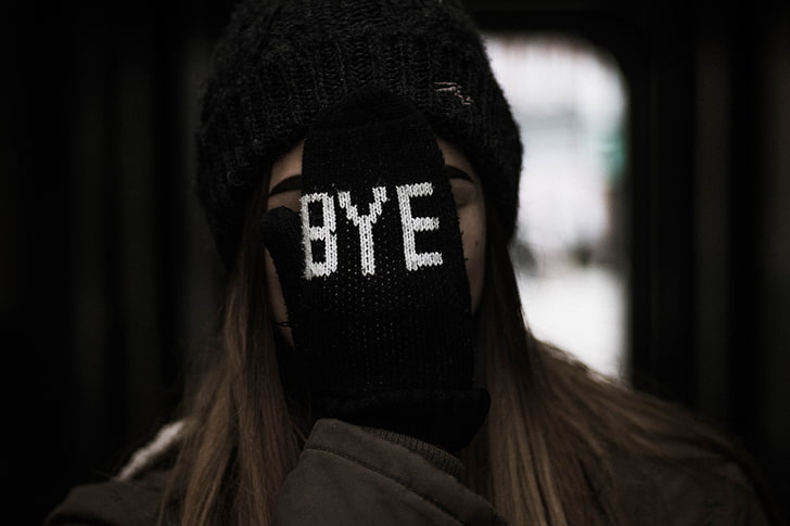 women's black bye-printed glove, face, mitt, inscription, people