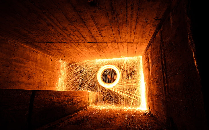 Steel Wool In The Tunnel, circles, fire, light, long‑exposure