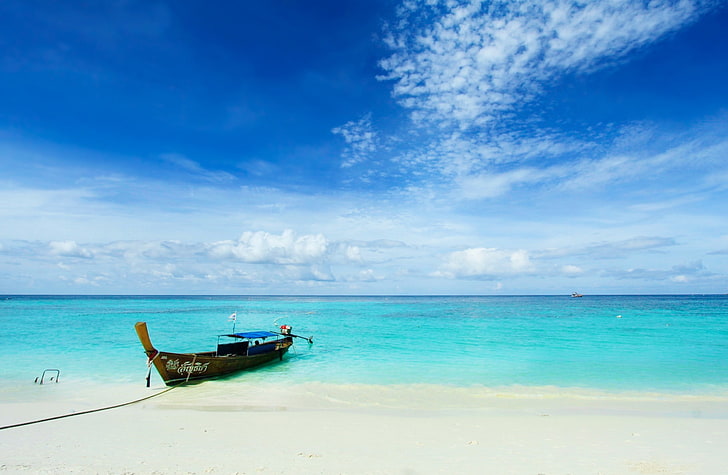 Lipe Island, Thailand, brown wooden boat, Asia, beach, sea, landscape, HD wallpaper