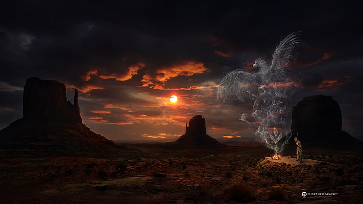 canyon digital wallpaper, fantasy art, Desktopography, sky, cloud - sky