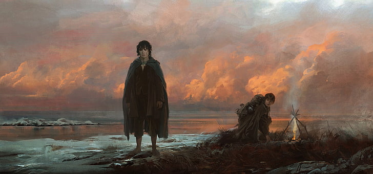 man in black cape painting, Frodo Baggins, classic art, Samwise Gamgee, HD wallpaper