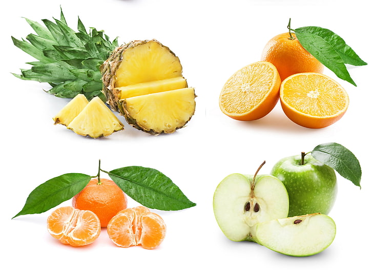 pineapple, orange, and apple, fruit, mandarin, food, freshness, HD wallpaper