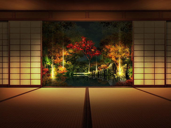 red leafed plant wall decor, meditation, Japan, room, Asian architecture, HD wallpaper
