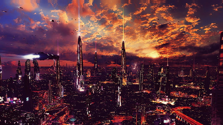 cityscape view of city during nighttime, artwork, futuristic city