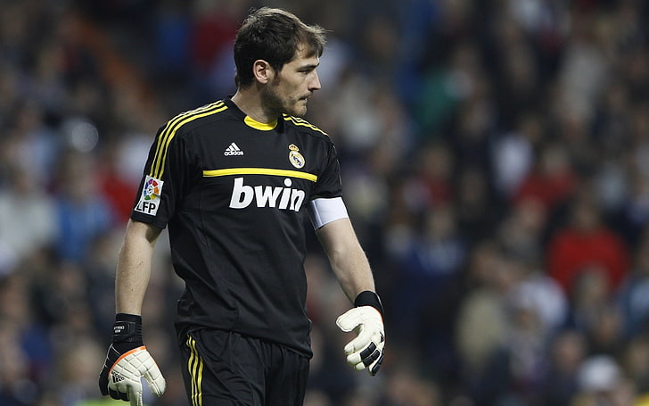 Real Madrid Iker Casillas, men's black, yellow, and white adidas CF Real Madrid Bwin crew-neck jersey shirt