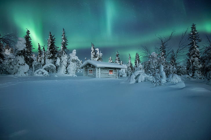 winter, snow, trees, hut, Northern lights, the snow, Finland, HD wallpaper