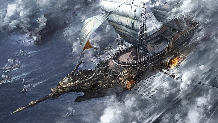 fantasy art, ship, fleet, old ship, sailing ship, water, high angle view