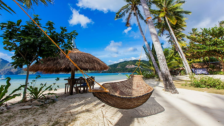 resort, sandy beach, palapa, parasol, braided hammock, philippines