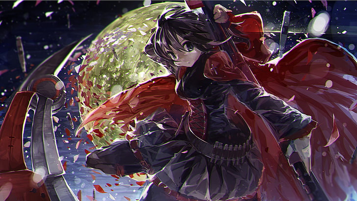 black haired female anime character holding katana and wearing cape digital wallpaper