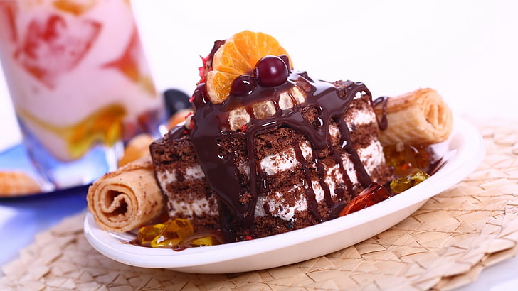 chocolate cake with roll, food, dessert, plates, cherries, cherries (food)