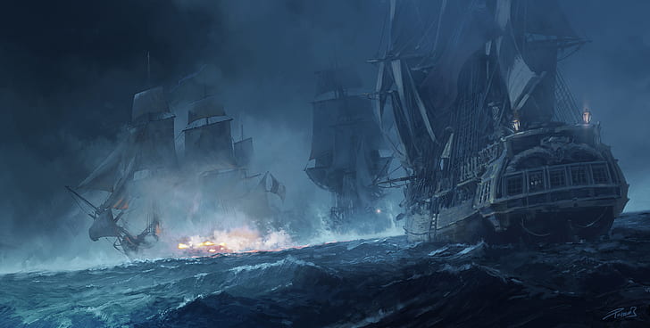 3d design, pirates, ship, ocean battle, cannons, HD wallpaper