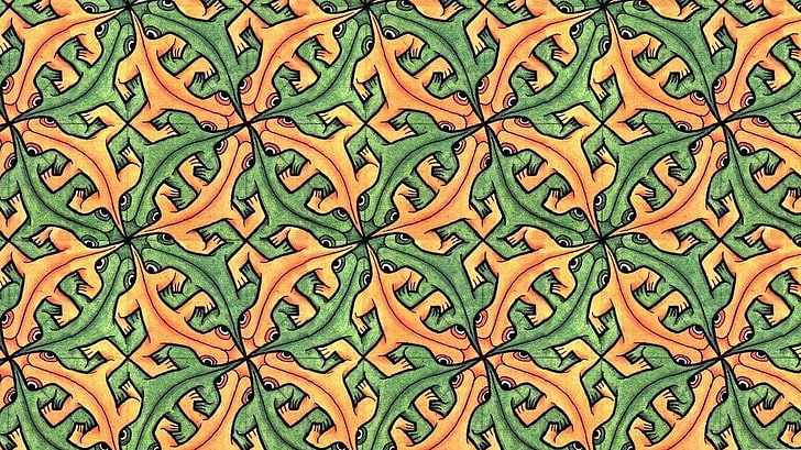 green, brown, and black abstract painting, artwork, drawing, M. C. Escher