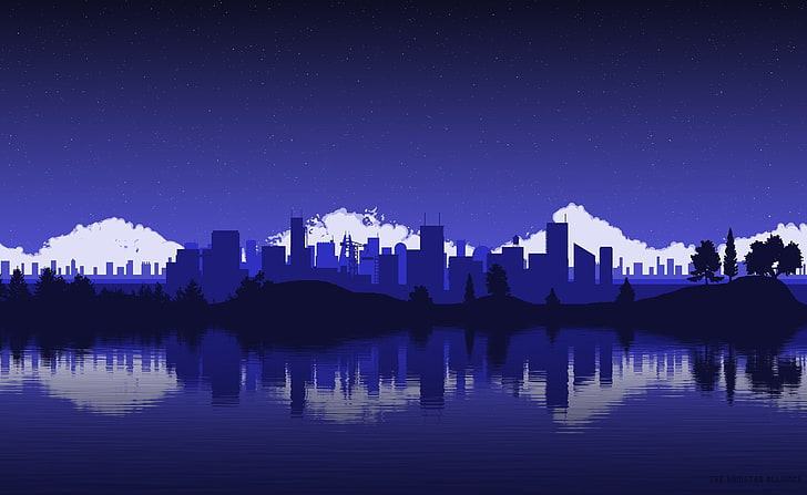 City Skyline Silhouette, high rise buildings and trees silhouette with refection on water illustration