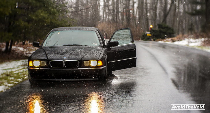 black BMW car, road, snow, overcast, Boomer, seven, e38, bumer, HD wallpaper
