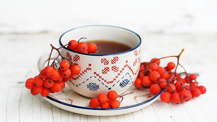 berries, cup, tea, fruit, still life, food and drink, healthy eating, HD wallpaper
