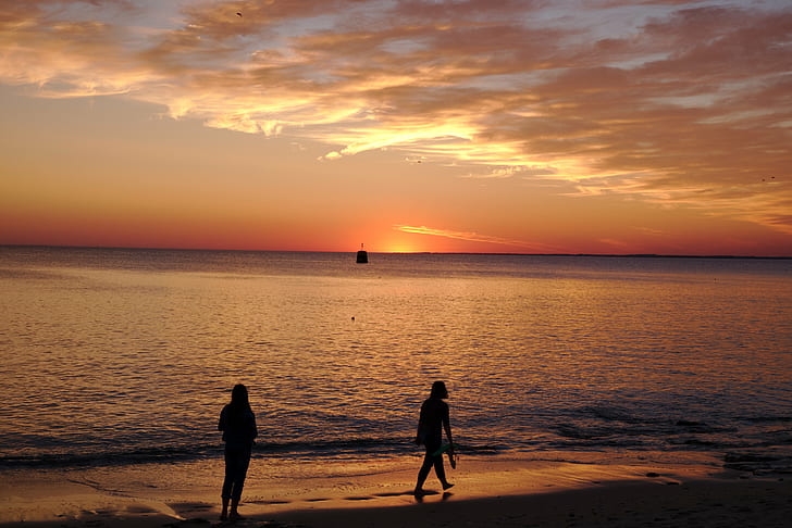 two person walking on seashore during sunset, Penestin, Nature, HD wallpaper