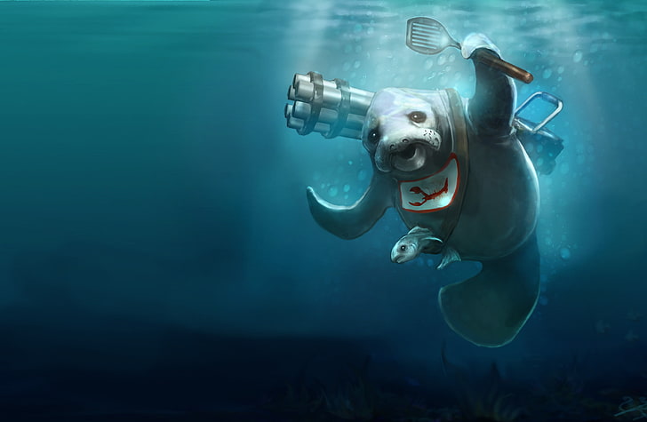 sea lion character wallpaper, rendering, fish, blue background