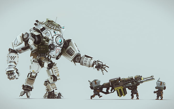 gray robot toys, gray robot illustration, Titanfall, anime, rifles