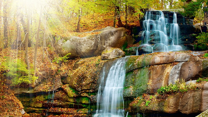 waterfall, cascade, sunray, forest, rocks, trees