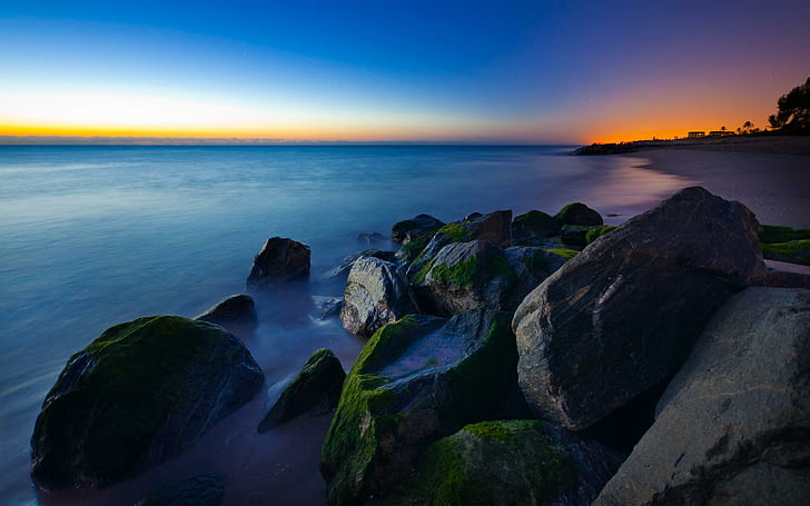 Ocean On The Rocks, beaches, calm, skies, nature, beautiful, colors, HD wallpaper