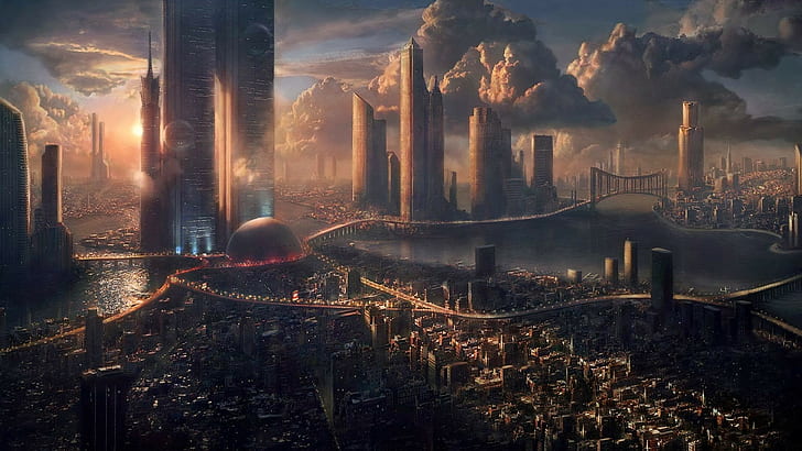 futuristic city, cityscape, science fiction, digital art, HD wallpaper
