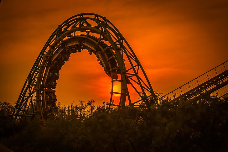 roller coaster, amusement park, sunset, silhouette, steel, sky
