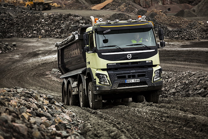 yellow and black Volvo dump truck, road, stones, dust, 2013, quarry