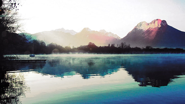 mountain, water, boat, lake, mountains, nature, reflection, landscape, HD wallpaper