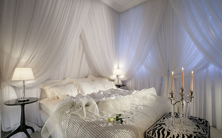 white bed comforter, bedroom, white candles, romance, domestic Room