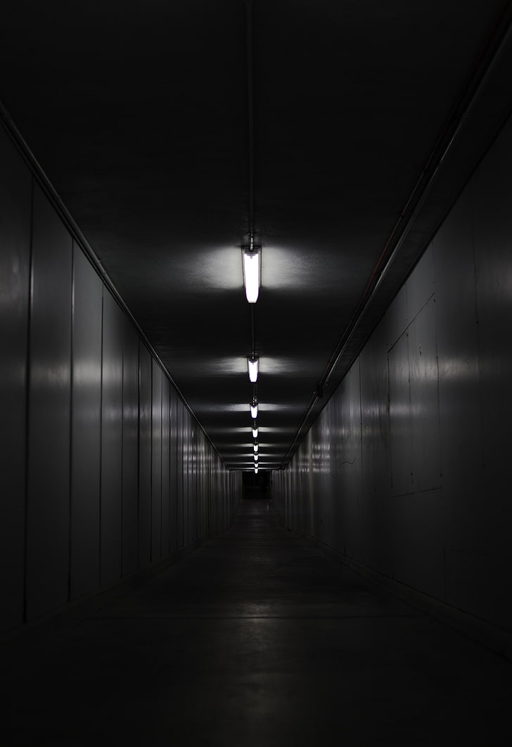gray hallway, corridor, room, black and white, walls, lighting