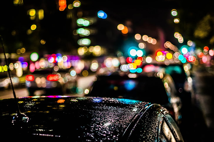 bokeh photography, machine, night, the city, lights, rain, car, HD wallpaper