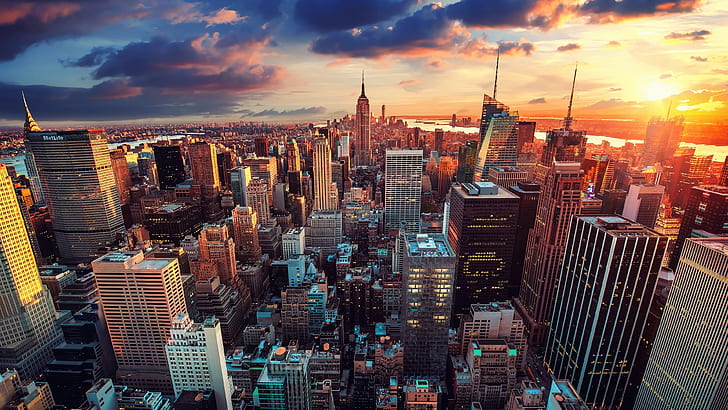 city, USA, sky, photography, sunset, New York, Manhattan, NYC, HD wallpaper