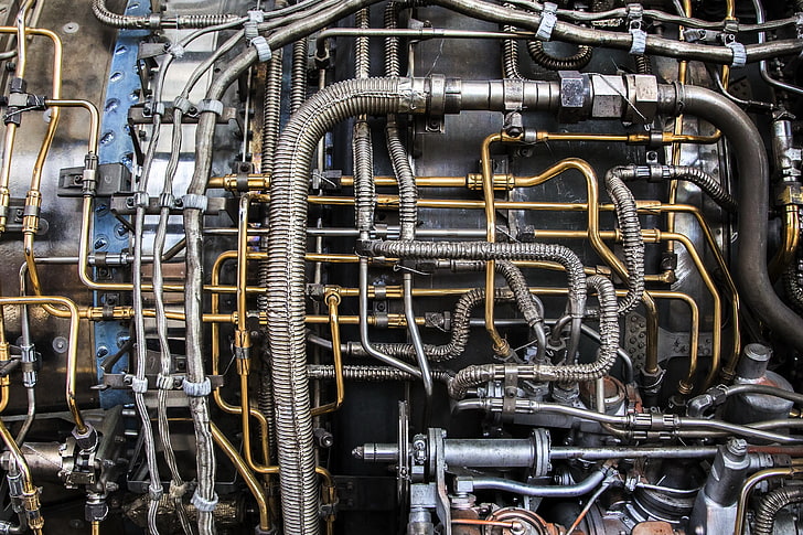 pipes, metal, motors, technology, jet engine, complexity, backgrounds, HD wallpaper