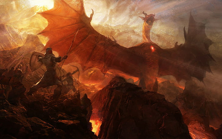 Dragons Dogma  Shields  fighting  archer  spear  digital art  wings  war  rock  video games  fantasy art  soldier  dragon  lava, HD wallpaper