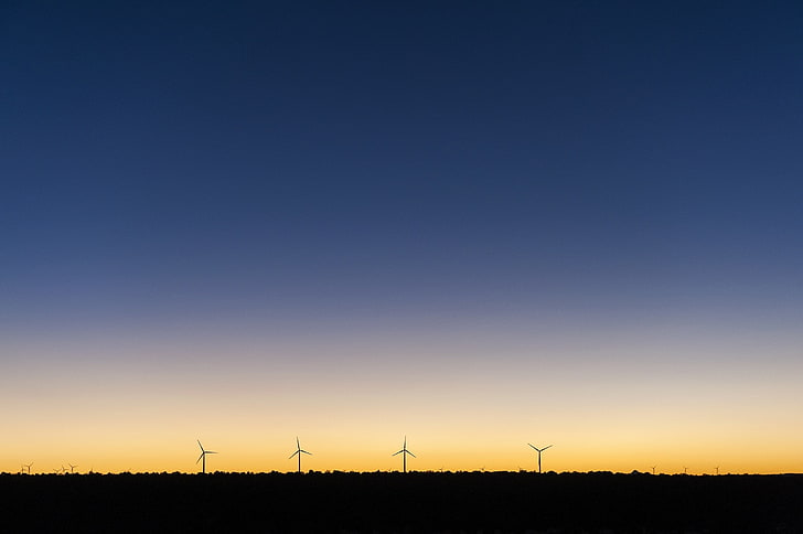 minimalism, simple, sky, nature, sunset, silhouette, wind farm