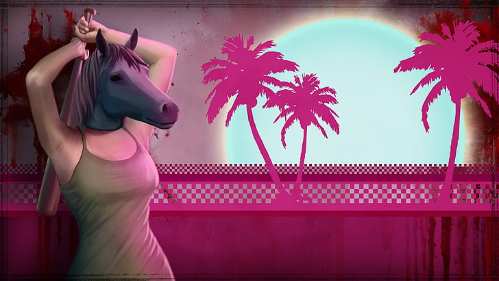 video games, Hotline Miami, women, palm trees, mask, tropical climate
