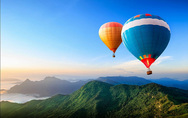 nature, hot air balloons, landscape, mountains