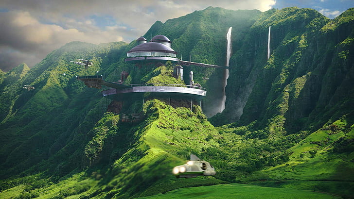 digital art, futuristic, mountains, house, science fiction, forest
