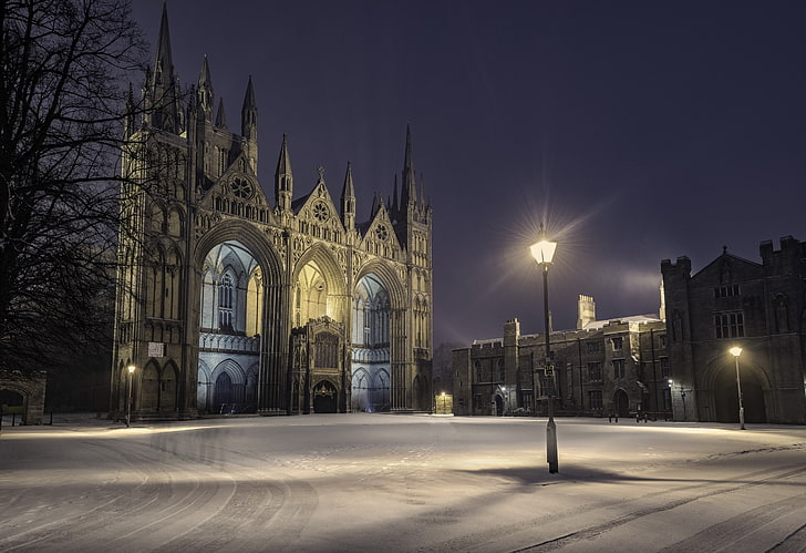 night, snow, lantern, England, winter, Peterborough, cold temperature, HD wallpaper