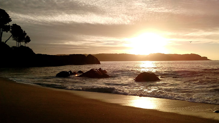 amanecer, mar, playa, puesta, sol, water, sunset, sea, sky, HD wallpaper
