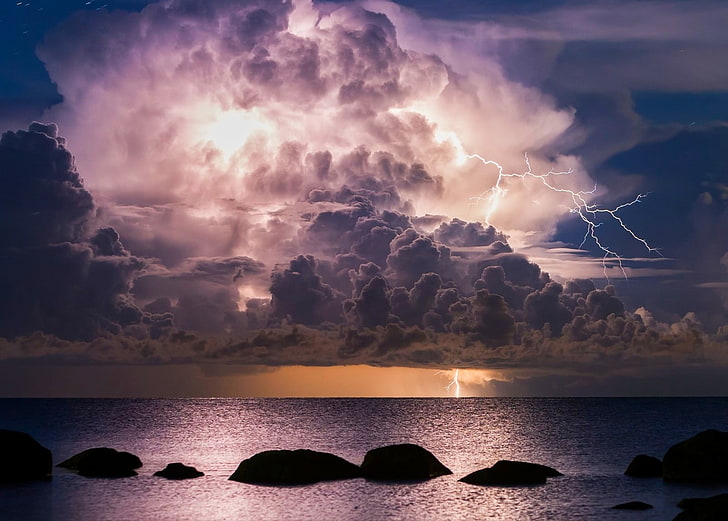blue sea, lightning, rock, storm, clouds, night, nature, landscape